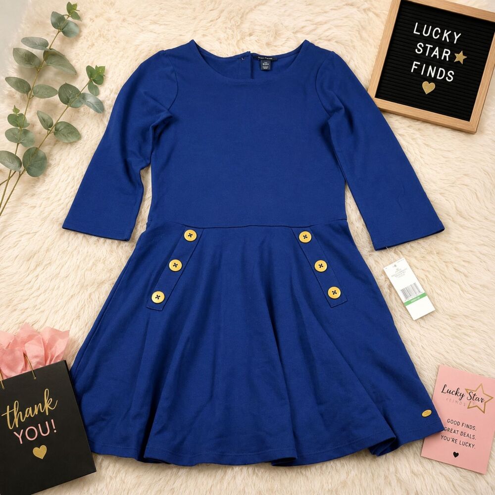 Tommy Hilfiger Girls Blue Fit & Flare Dress Size L 12/14 Gold Button NWT